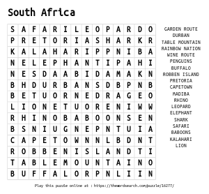 Word Search on South Africa