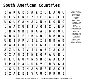 Word Search on South American Countries