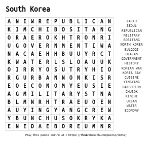 Word Search on South Korea