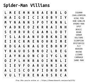 Word Search on Spider-Man Villians