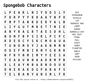 Word Search on Spongebob Characters 