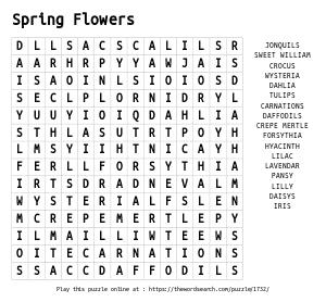 Word Search on Spring Flowers