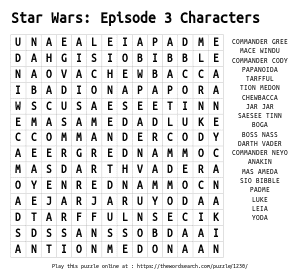 Word Search on Star Wars: Episode 3 Characters