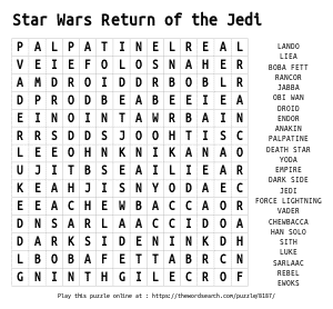 Word Search on Star Wars Return of the Jedi