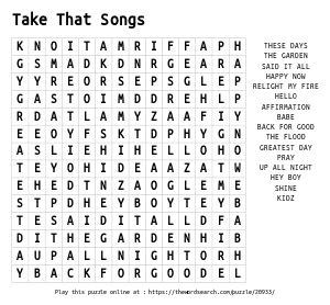 Word Search on Take That Songs