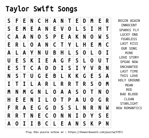 Word Search on Taylor Swift Songs