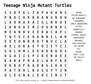 Word Search on Teenage Ninja Mutant Turtles