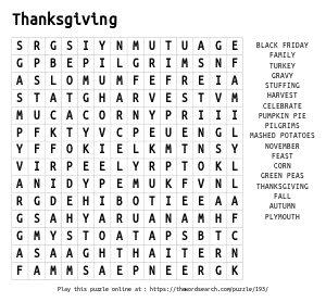 Word Search on Thanksgiving