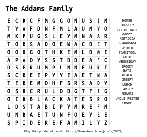 Word Search on The Addams Family
