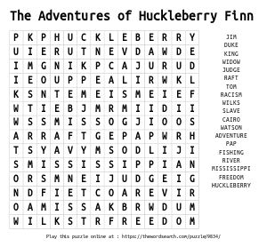 Word Search on The Adventures of Huckleberry Finn