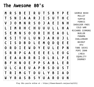 Word Search on The Awesome 80's