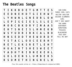 Word Search on  The Beatles Songs