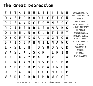 Word Search on The Great Depression