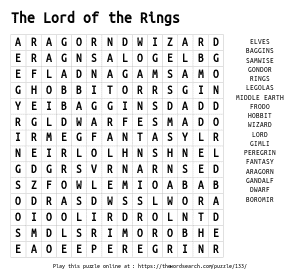 Word Search on The Lord of the Rings