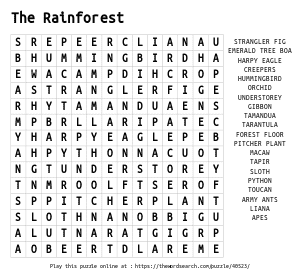 Word Search on The Rainforest