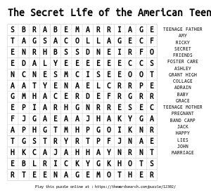 Word Search on The Secret Life of the American Teenager