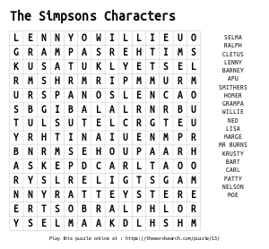 Word Search on The Simpsons Characters
