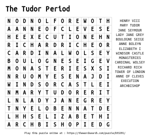 Word Search on The Tudor Period