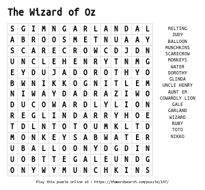 Word Search on The Wizard of Oz