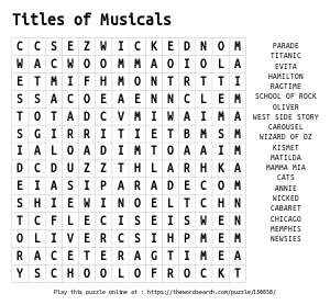 Word Search on Titles of Musicals