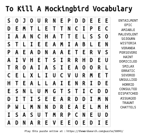 Word Search on To Kill A Mockingbird Vocabulary