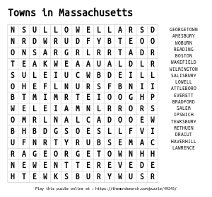 Word Search on Towns in Massachusetts 