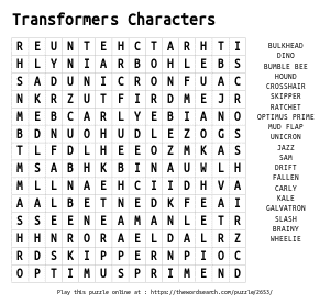 Word Search on Transformers Characters