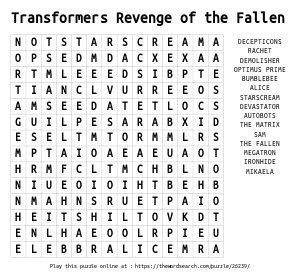 Word Search on Transformers Revenge of the Fallen 