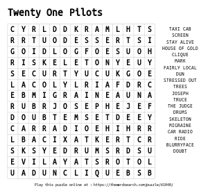 Word Search on Twenty One Pilots
