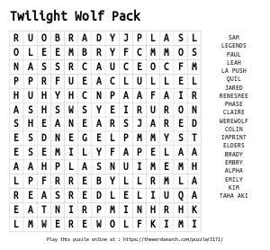 Word Search on Twilight Wolf Pack