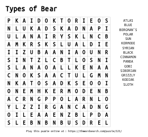 Word Search on Types of Bear