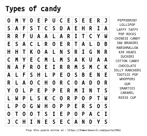 Word Search on Types of candy