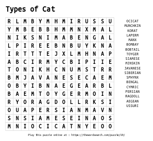 Word Search on Types of Cat