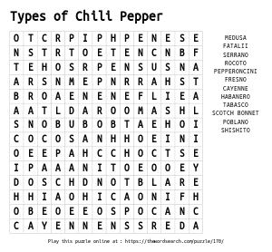 Word Search on Types of Chili Pepper