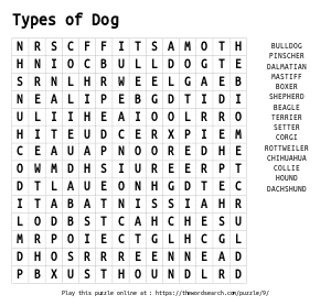 Word Search on Types of Dog