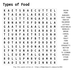 Word Search on Types of Food