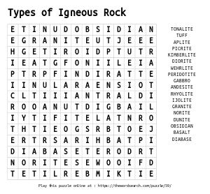 Word Search on Types of Igneous Rock