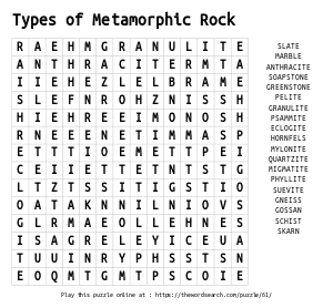Word Search on Types of Metamorphic Rock