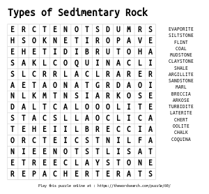 Word Search on Types of Sedimentary Rock