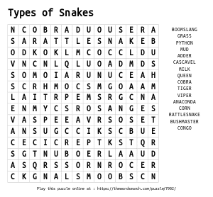 Word Search on Types of Snakes