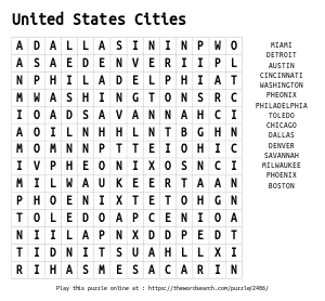 Word Search on United States Cities