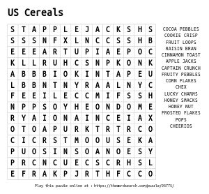 Word Search on US Cereals