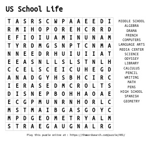Word Search on US School Life