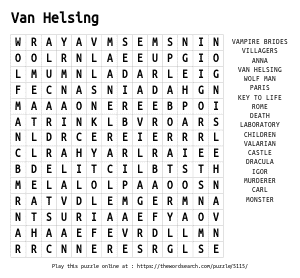 Word Search on Van Helsing