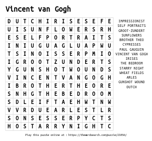 Word Search on Vincent van Gogh