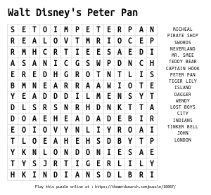 Word Search on Walt Disney's Peter Pan