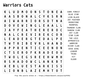 Word Search on Warriors Cats