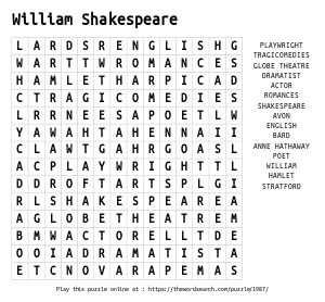 Word Search on William Shakespeare