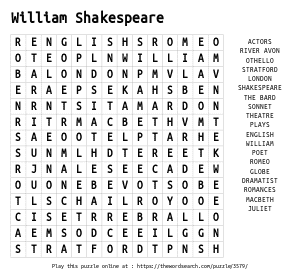 Word Search on William Shakespeare