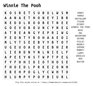 Word Search on Winnie The Pooh